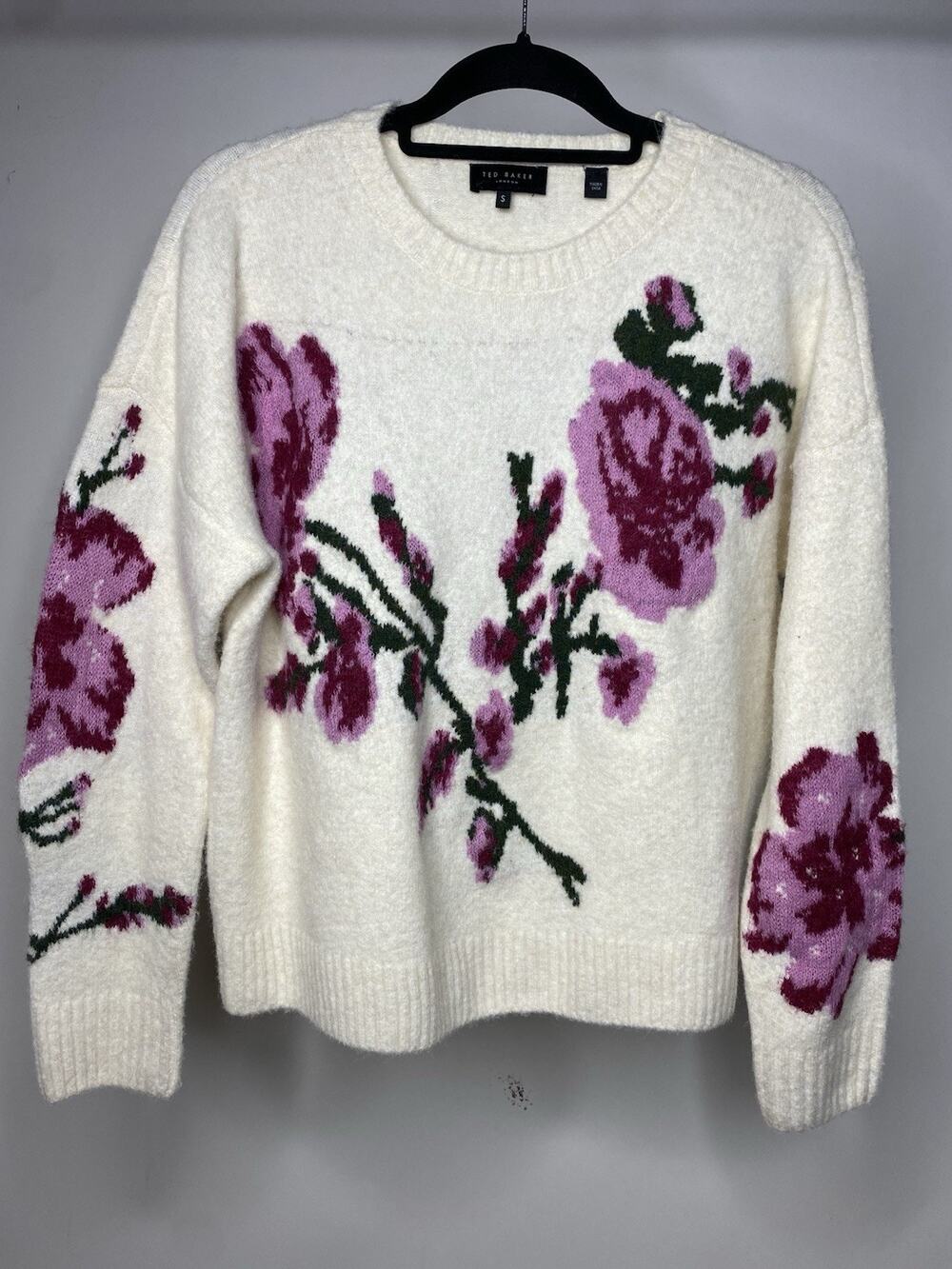 Ted Baker Floral Sweater Women's Small Ivory Knit Crewneck Knit Soft Cozy Bright